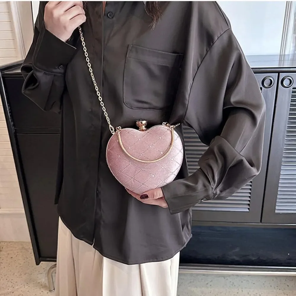 Pink velvet heart shaped purse crossbody handbag